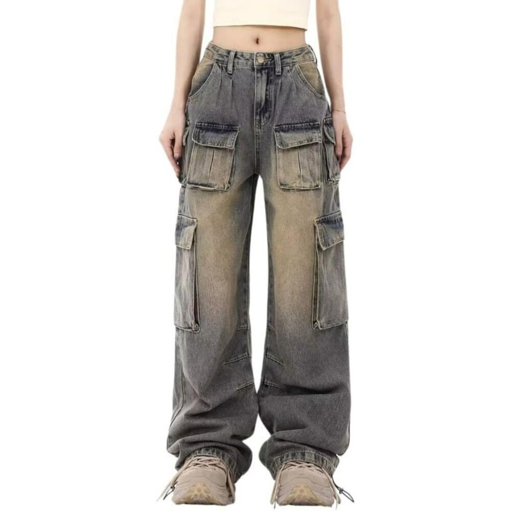 Women Cargo Jeans Denim Straight Fit High Rise Baggy Streetwear Y2k Grunge
